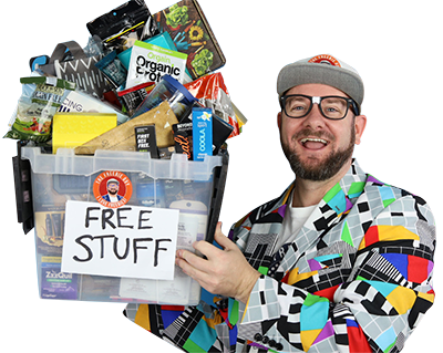 The Freebie Guy Holding a Box of Freebies