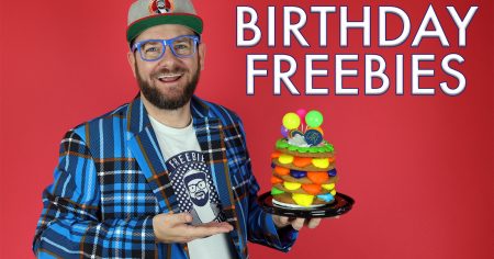 The Freebie Guy holding a birthday cake for Free Birthday Stuff