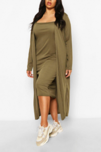 Khaki Plus Rib Midi And Kimono Dress