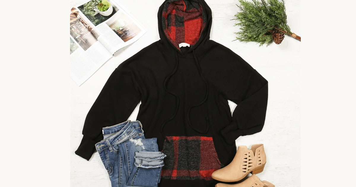 Long Sleeve Plaid Front Pocket Sweater