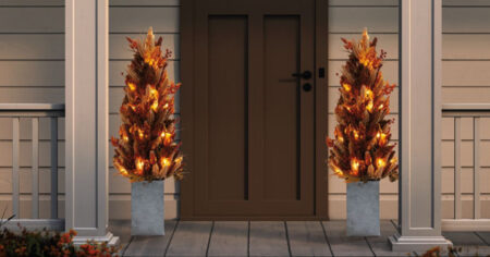 Inch Pre Lit Fall Porch Trees with Iron Containers Set of