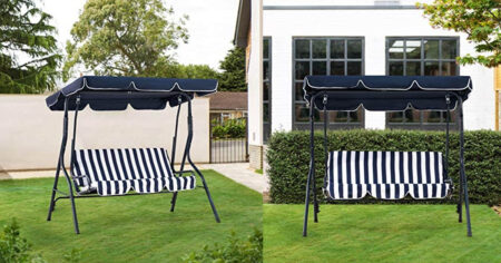Amazon Basics Outdoor Seat Striped Patio Swing with Canopy Dark Blue and White