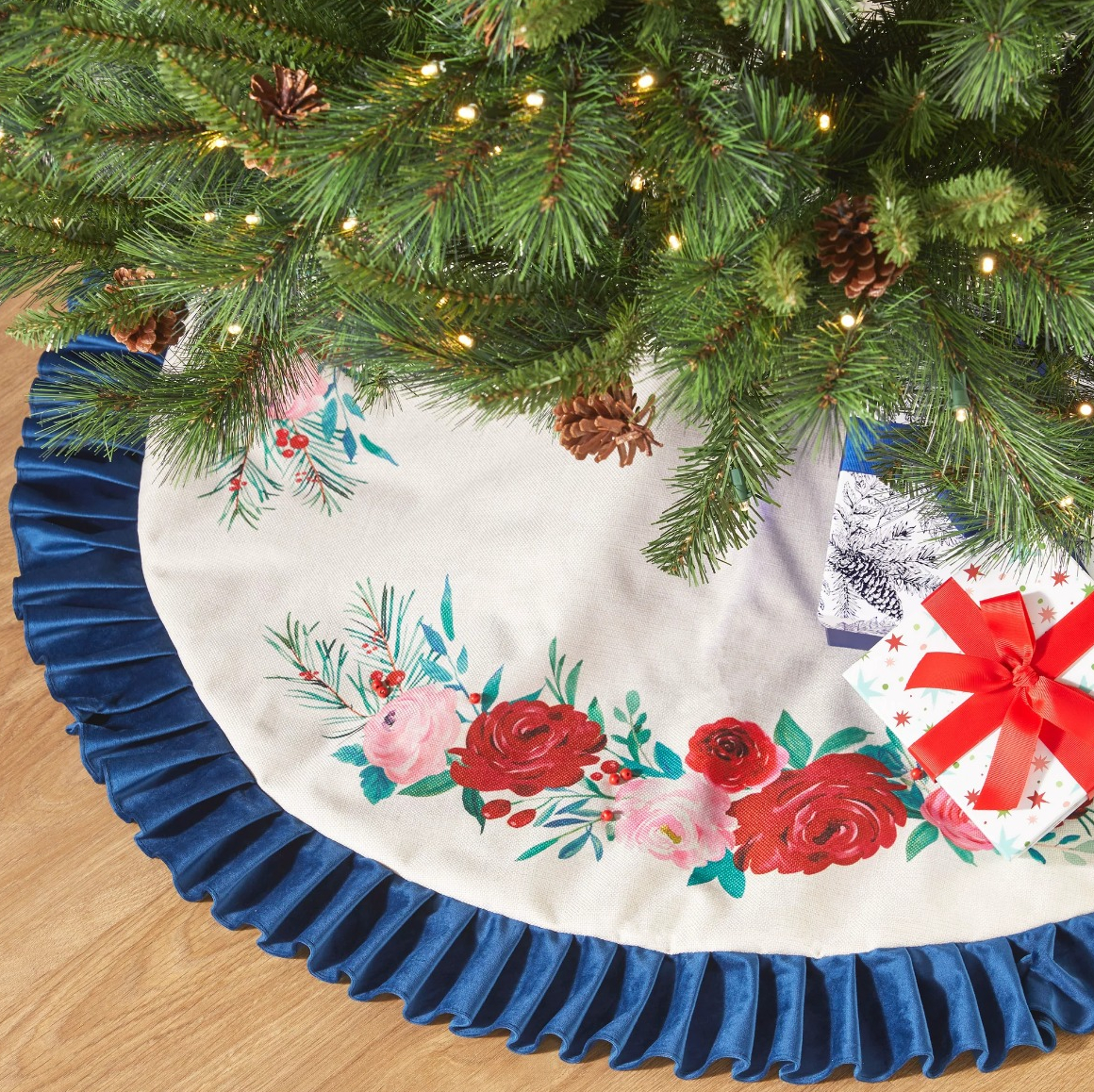 The Pioneer Woman Blue Ruffle Red Roses Christmas Tree Skirt