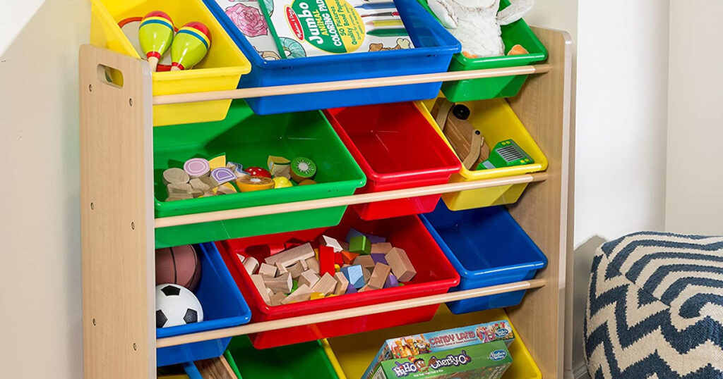 kids toy organizer with colorful bins and toys inside