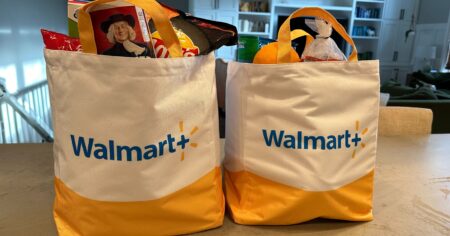 walmart + shopping bags with groceries inside