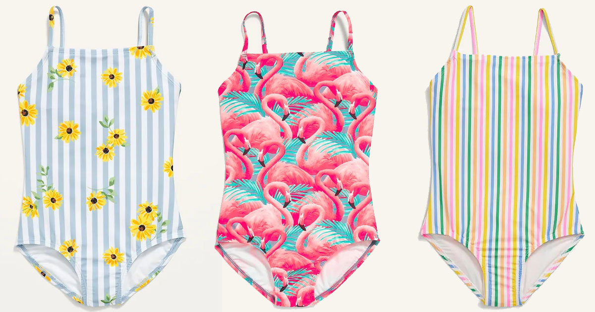 Printed Square Neck Lattice Back One Piece Swimsuit for Girls