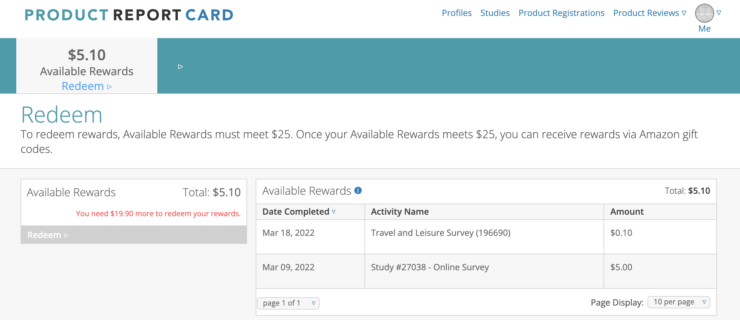 screenshot of Product Report card dashboard