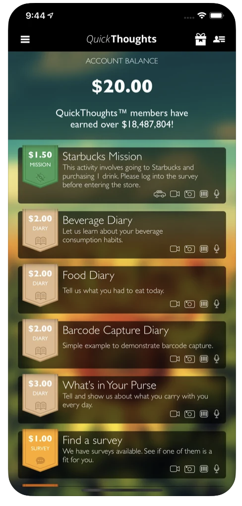 phone screenshot of QuickThoughts app and surveys