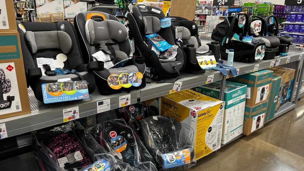 Car seats on a shelf in Walmart