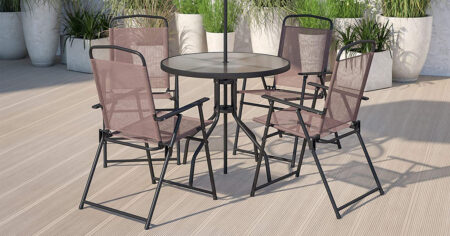 Flash Furniture Nantucket Piece Brown Patio Garden Set with Umbrella Table and Set of Folding Chairs