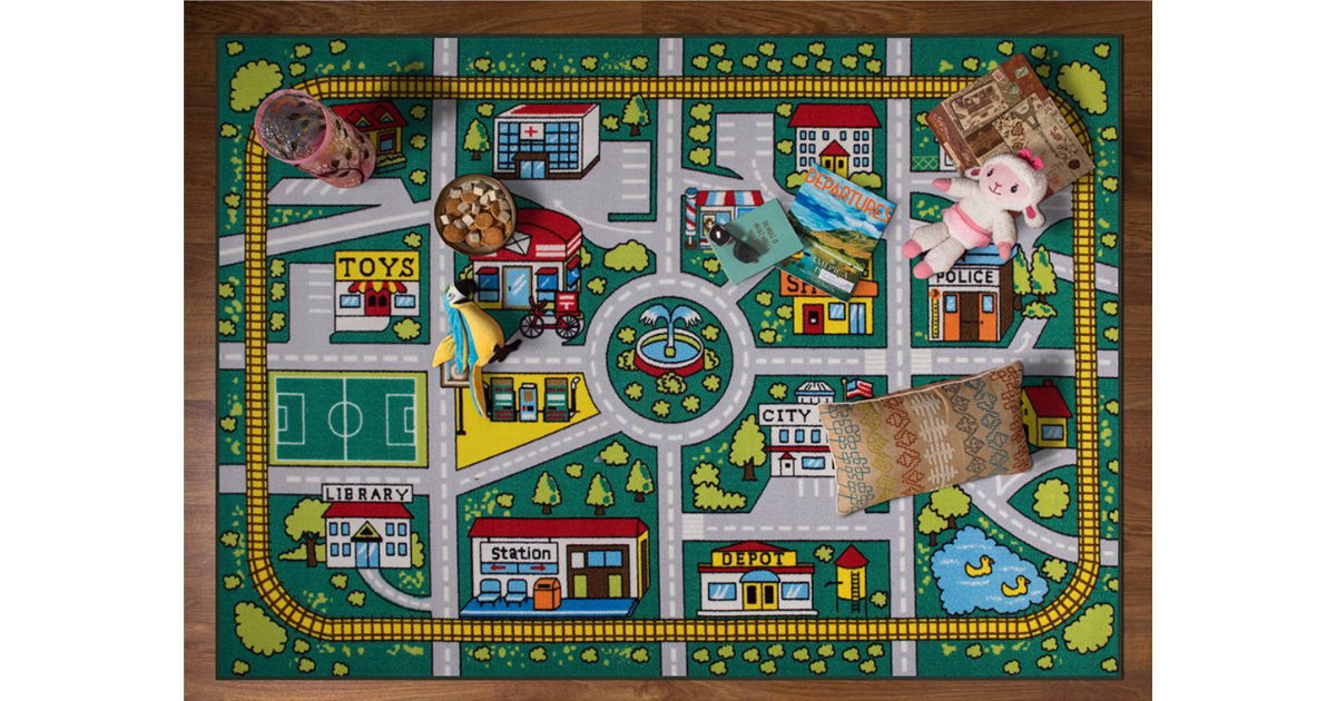Green Educational City Life Road Washable Rug