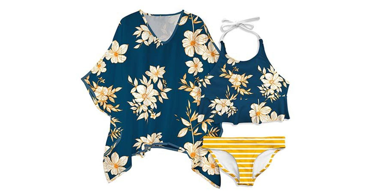 Pixie Girl Teal Floral Stripe Bikini Cover Up Set