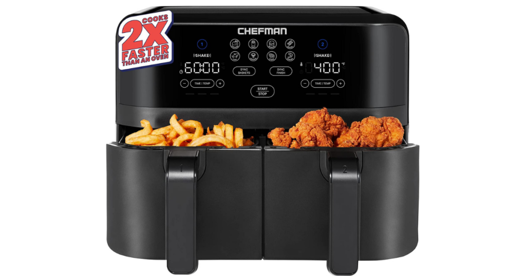 black chefman turbofry air fryer with food inside