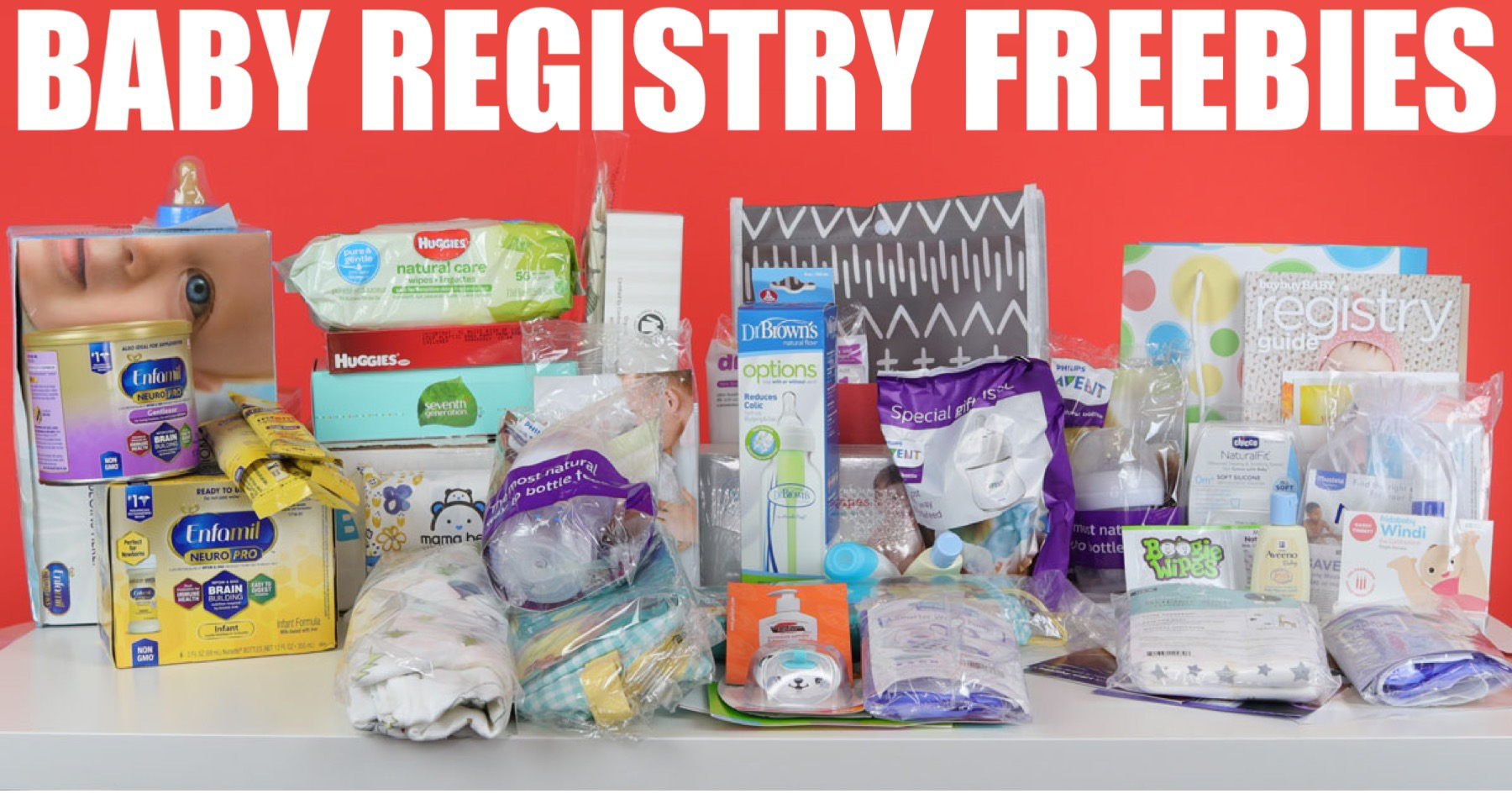 baby registry freebies including formula, wipes, bottles, travel size bath products, and bags