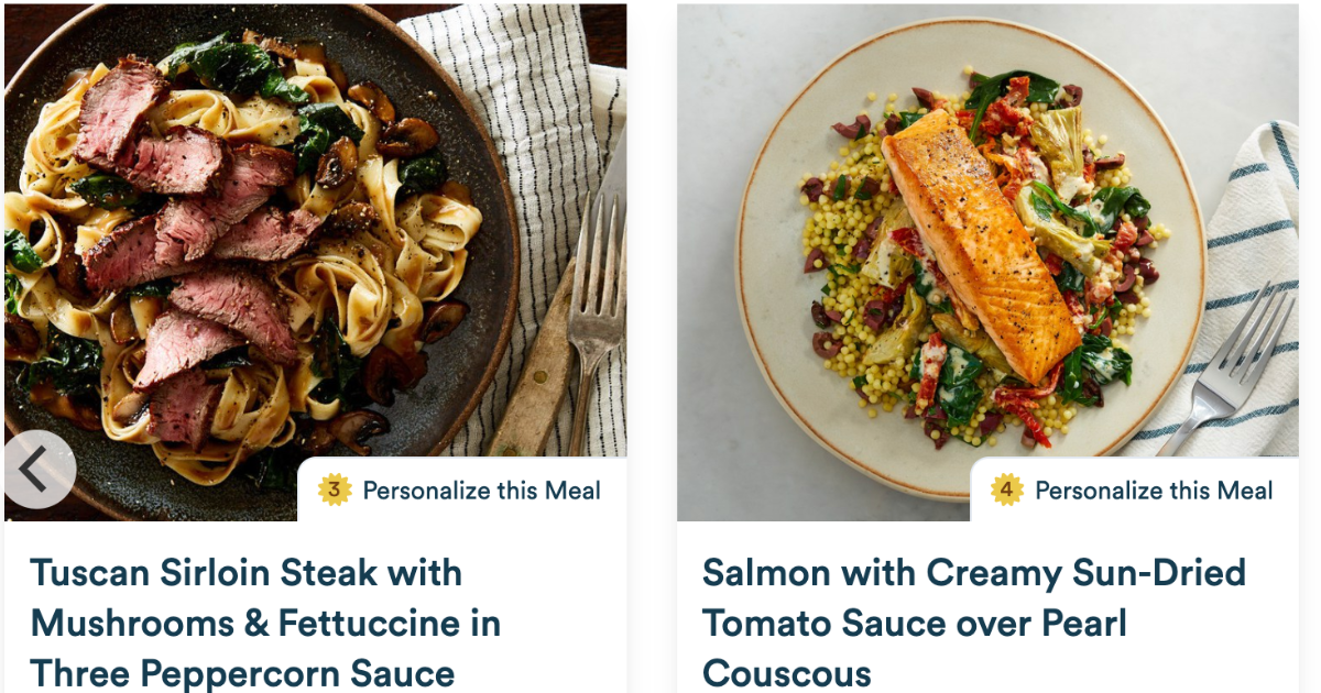 tuscan sirloin steak with muschrooms and fettuccine on a plate and salmon over couscous on a plate with descriptions below them