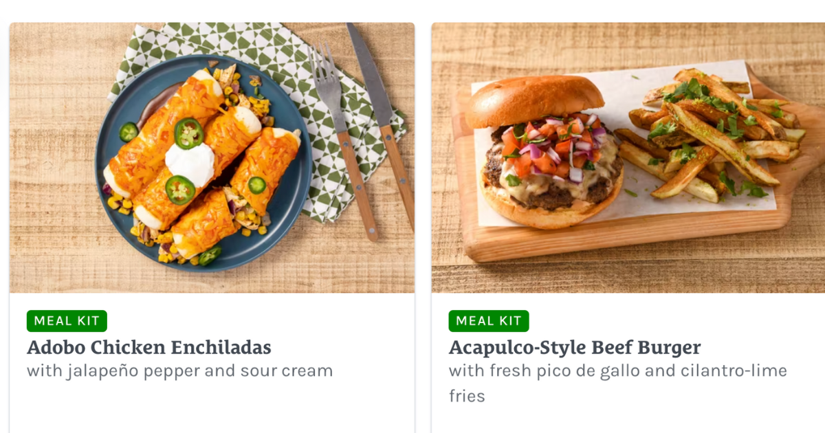 adobo-chicken enchiladas on a plate and acapulco-style beef burger on a plate with fries next to it and descriptions below each image