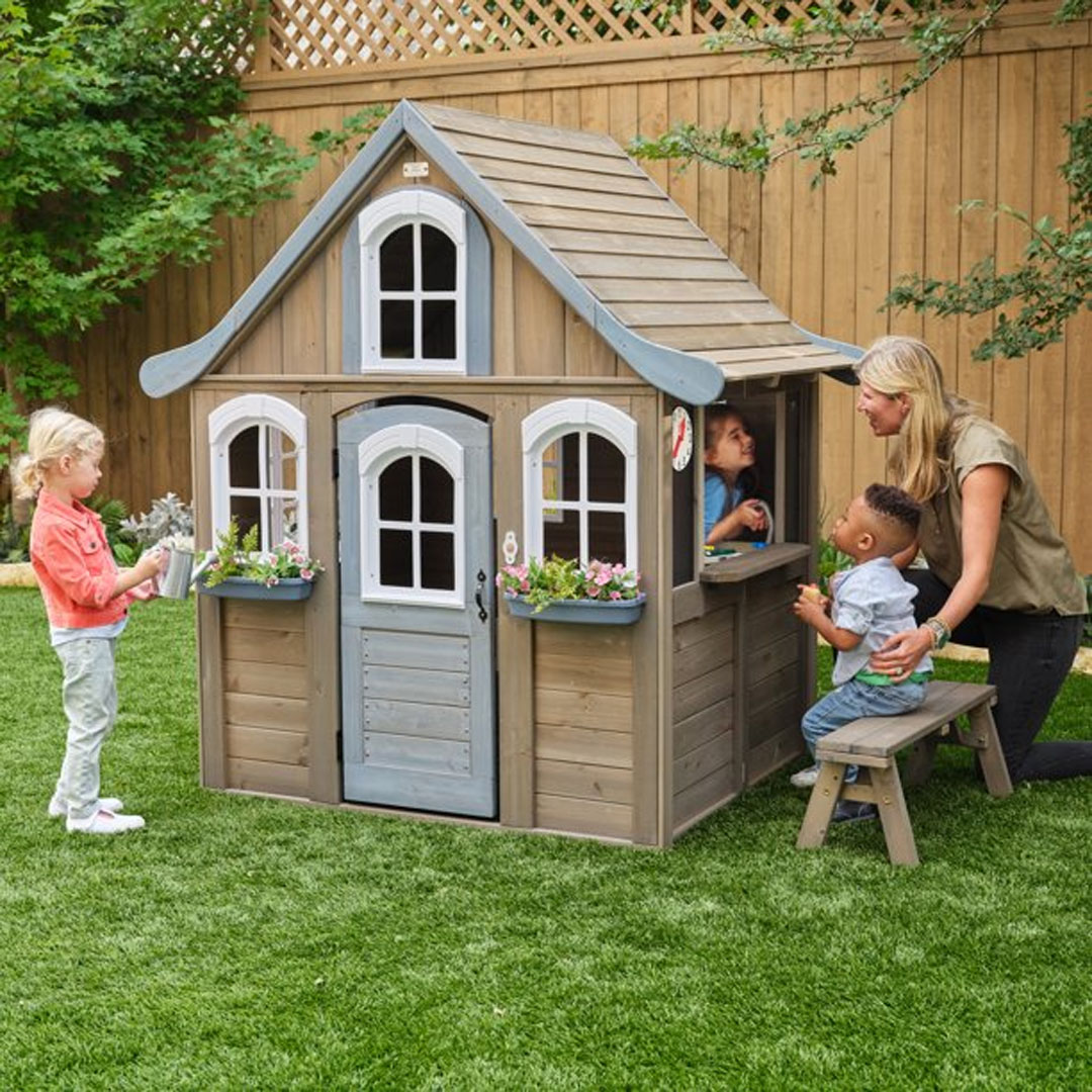 KidKraft Forestview II Wooden Outdoor Playhouse with Ringing Doorbell Bench and Kitchen