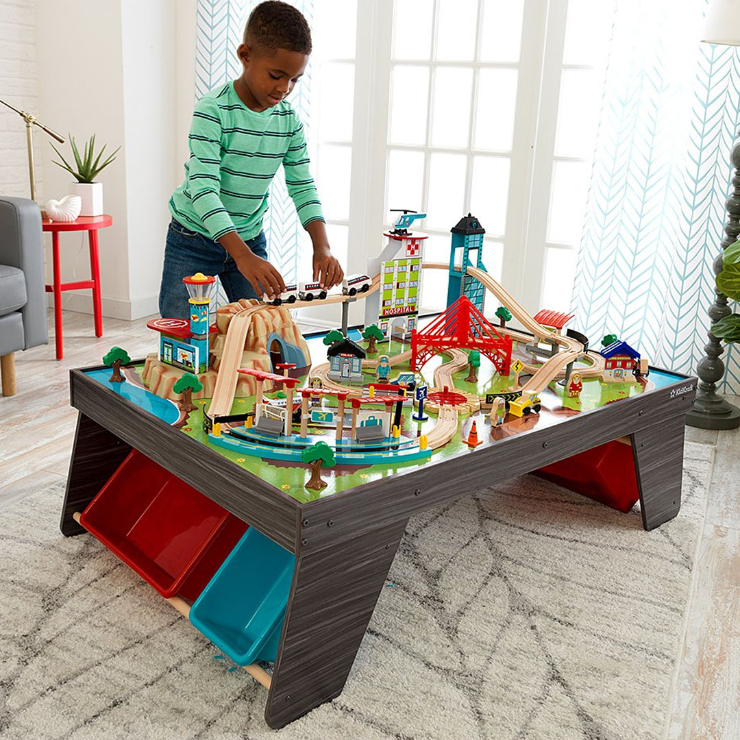 KidKraft Gray Wash Pacific Railway Wooden Train Table Set