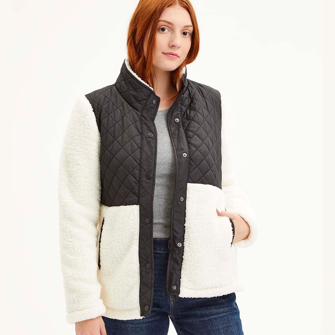 Off White Black Quilted Fleece Snap Up Jacket Women Plus