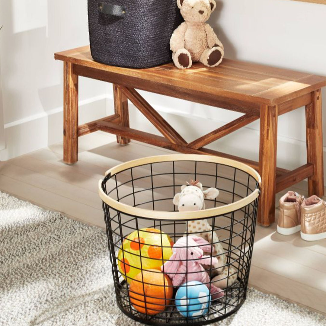 Round Black Wire with Natural Wood Handles Floor Basket