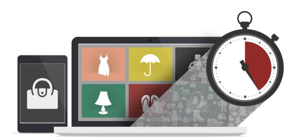 tablet, and a laptop with an image of a stopwatch over it