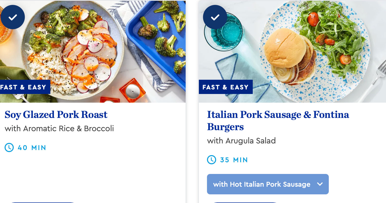 two Blue Apron recipes and pictures of the recipe above them