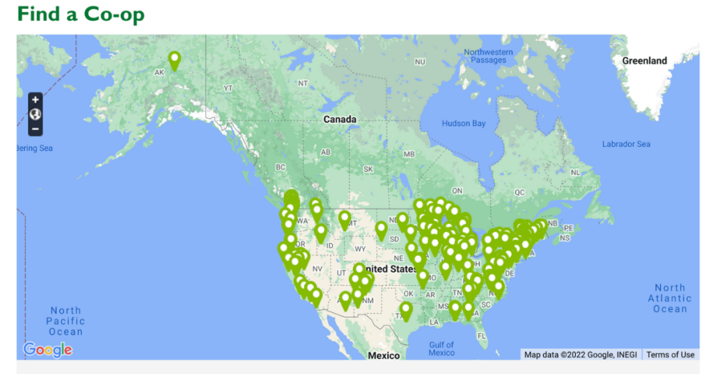 North America map with dots showing where grocery co-ops are located