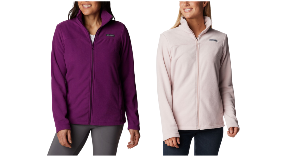 two women wearing columbia fleece jackets