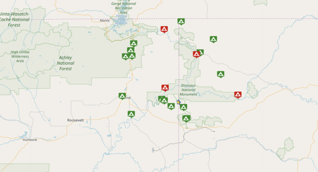 map with markers showing local campsites