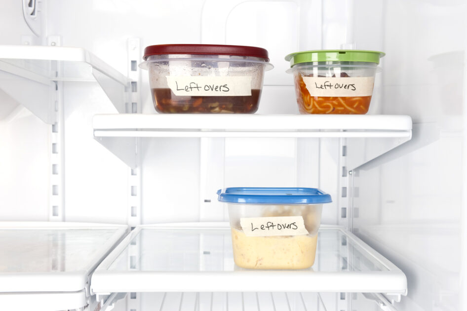 leftovers in containers in a fridge