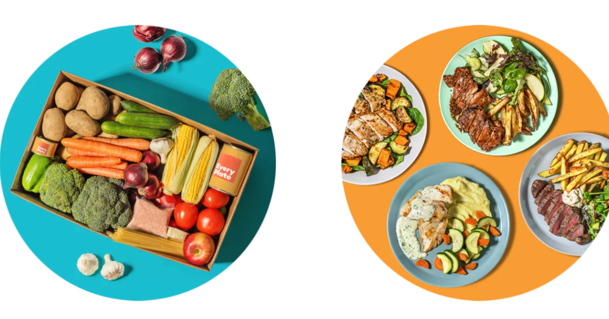 a crate full of vegetables and four plates of food with different steak and chicken meals on them