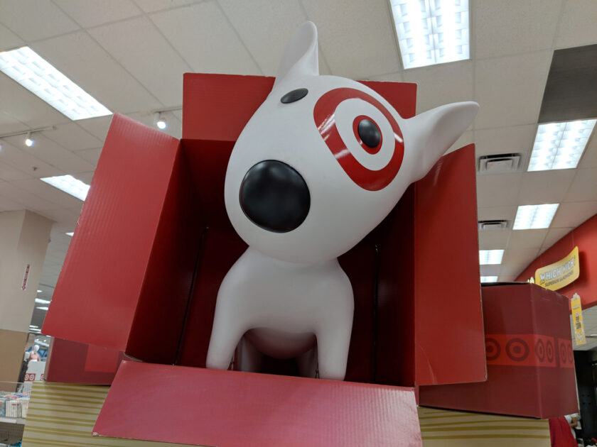 the target bullseye dog coming out of a red box display in store