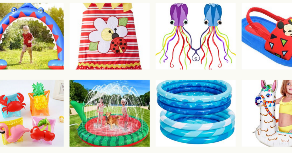 kids outdoor play toys, sandals, and crafts