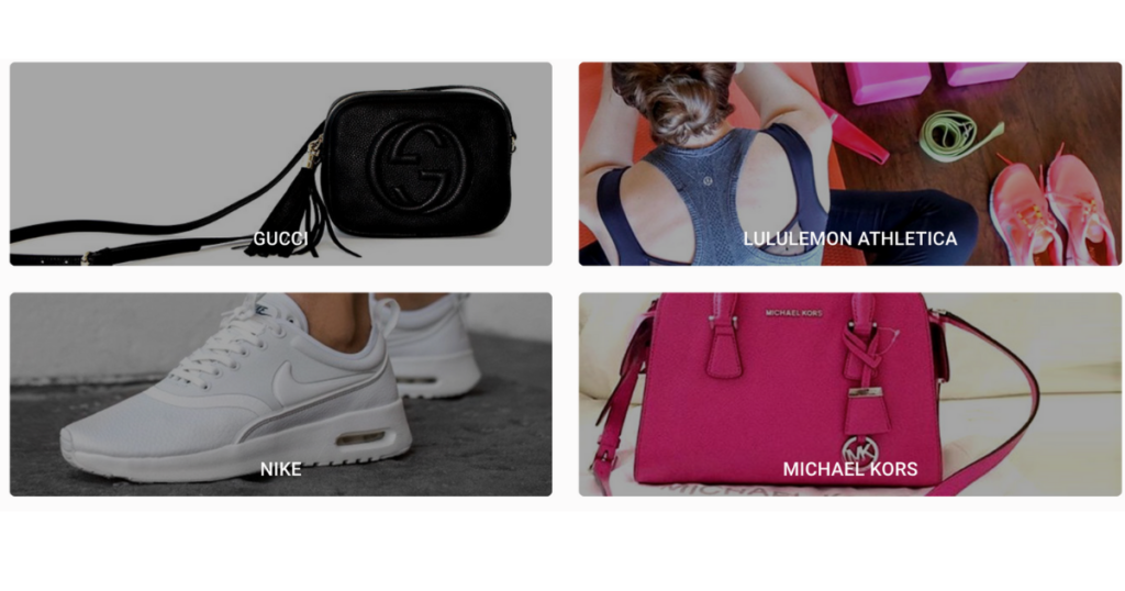 four images in a box with a gucci purse, Nike shoes, Michael Kors purse, and lululemon apparel