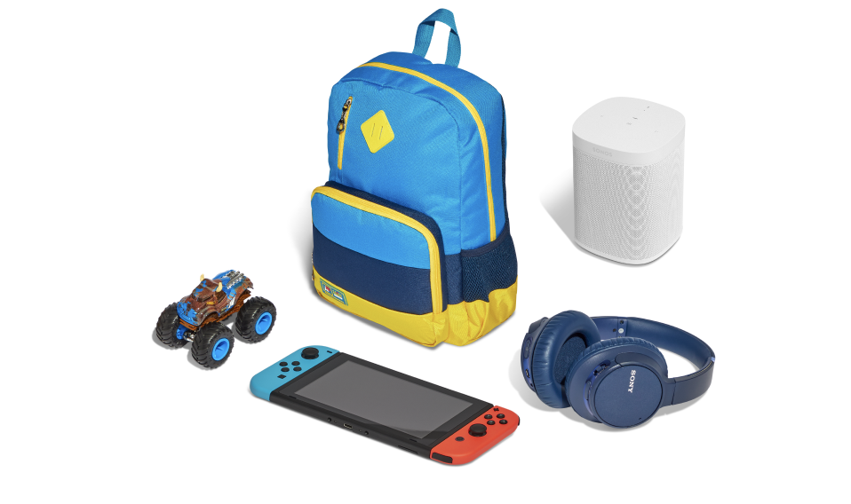toy monster struck, a Nintendo Switch, headphones, backpack, and a router