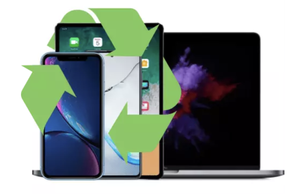 phone, tablets, and a computer with a recyclying symbol on them