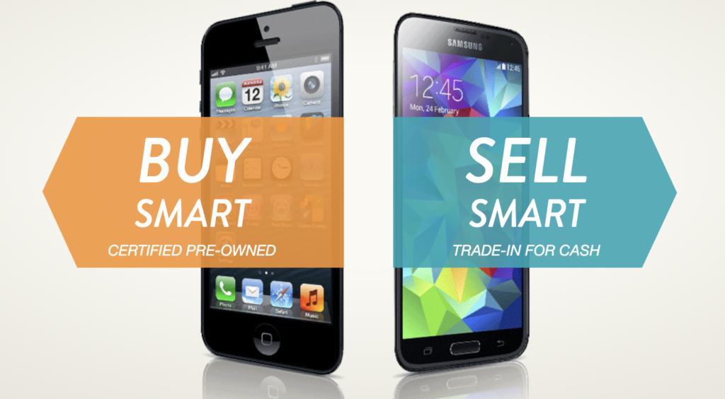 two cell phones with the words buy smart, sell smart over them