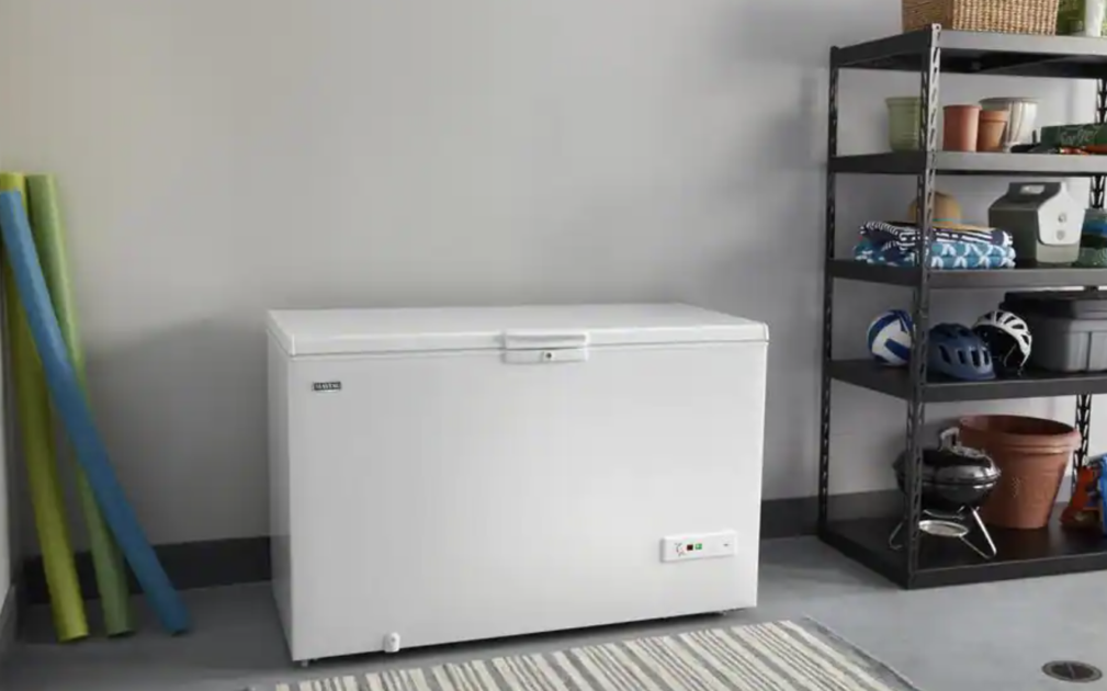 chest freezer in a garage