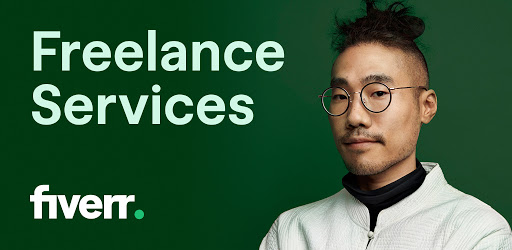man looking at the camera with Freelance Services fiverr. text next to him