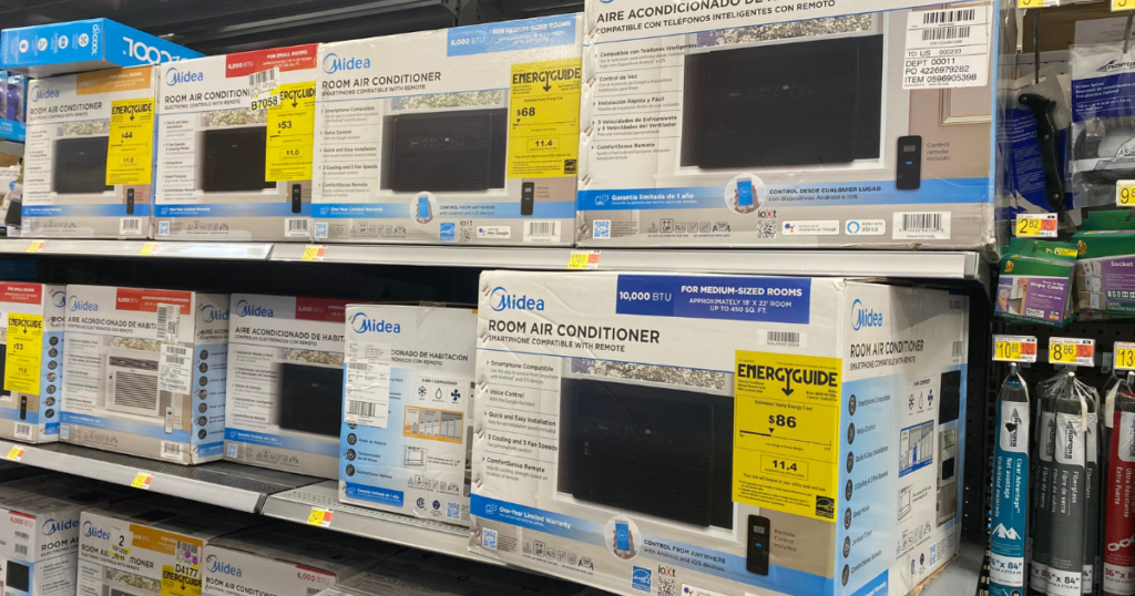 air conditioners on a shelf at a store