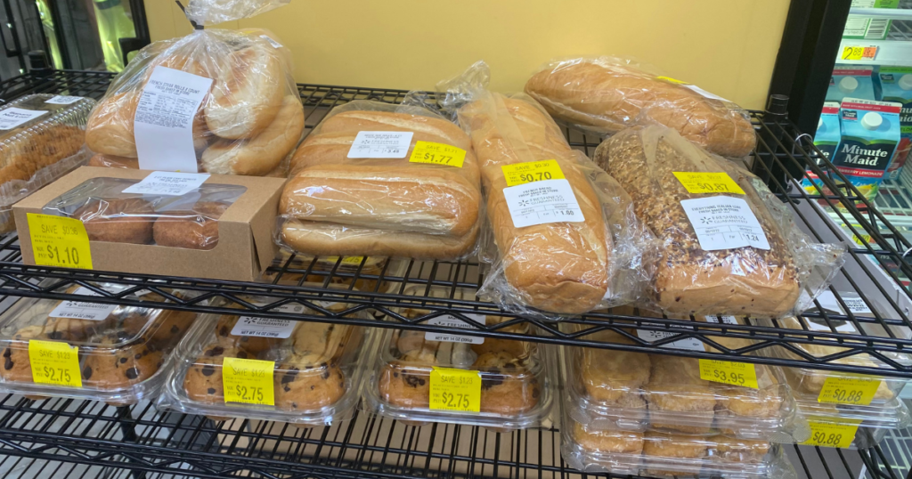 clearance baked goods on a shelf at Walmart