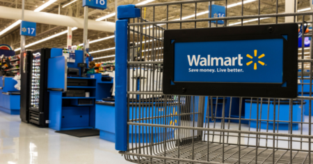 walmart cart next to checkout aisles during walmart sale & clearance