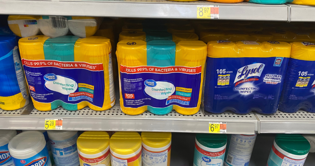 Great Value wipes on a shelf at Walmart