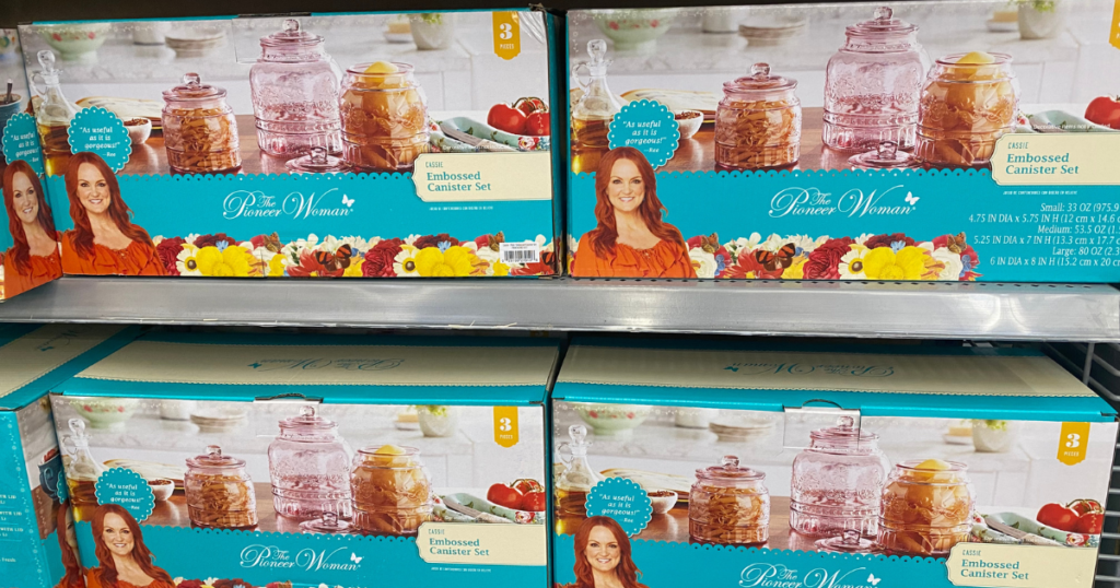 Pioneer woman canisters on shelf in walmart