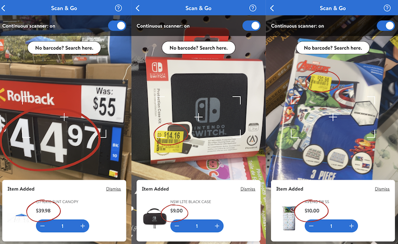 screenshots of the Walmart app with clearance prices