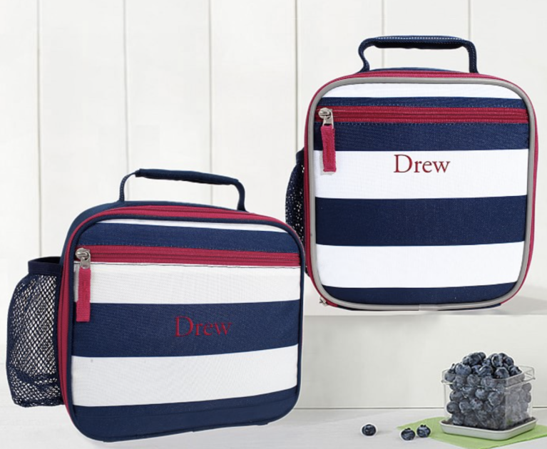 blue and white striped lunch boxes with the name Drew on them