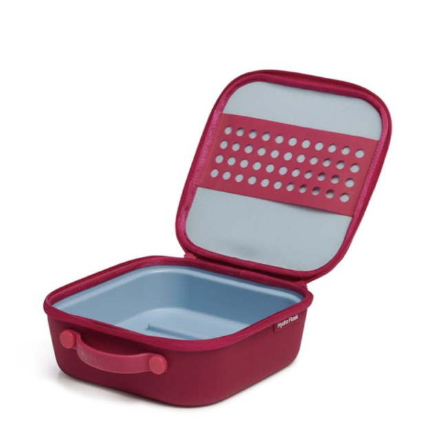 red lunchbox open with nothing inside