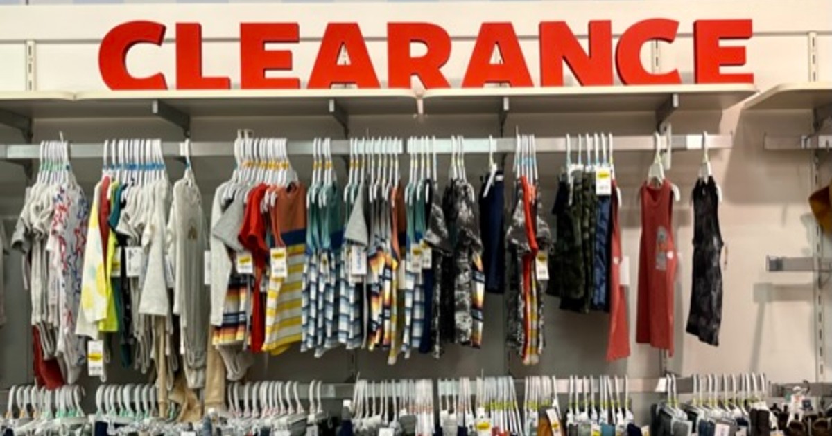 display of clothing at Carter's with a clearance sign
