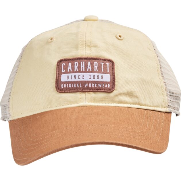 carhartt canvas mesh back logo patch trucker hat for women in pale sun p jryr