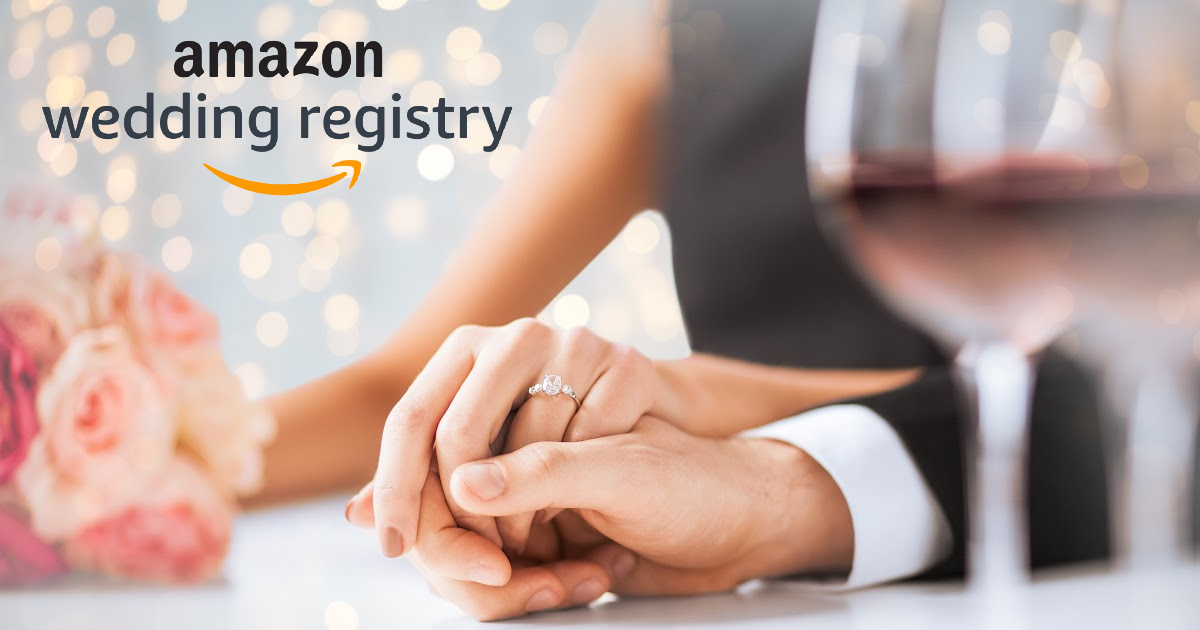 man and woman holding hands with the Amazon Wedding Registry logo in the top left